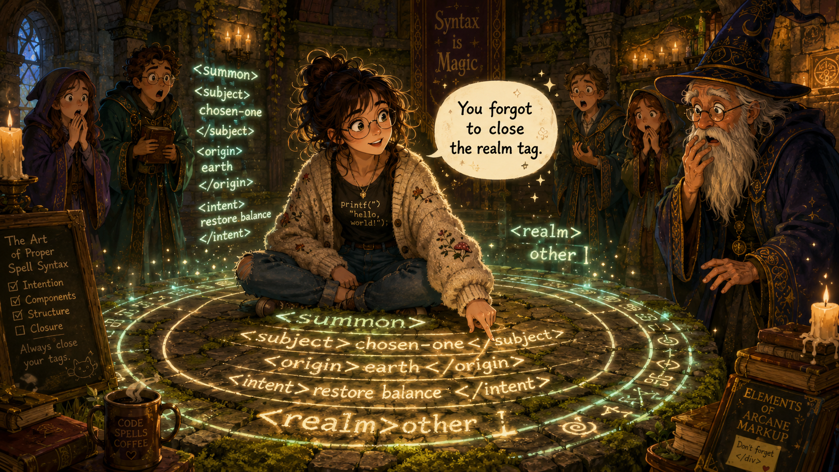A cozy fantasy scene of a coder girl in a magical summoning circle correcting spell syntax.